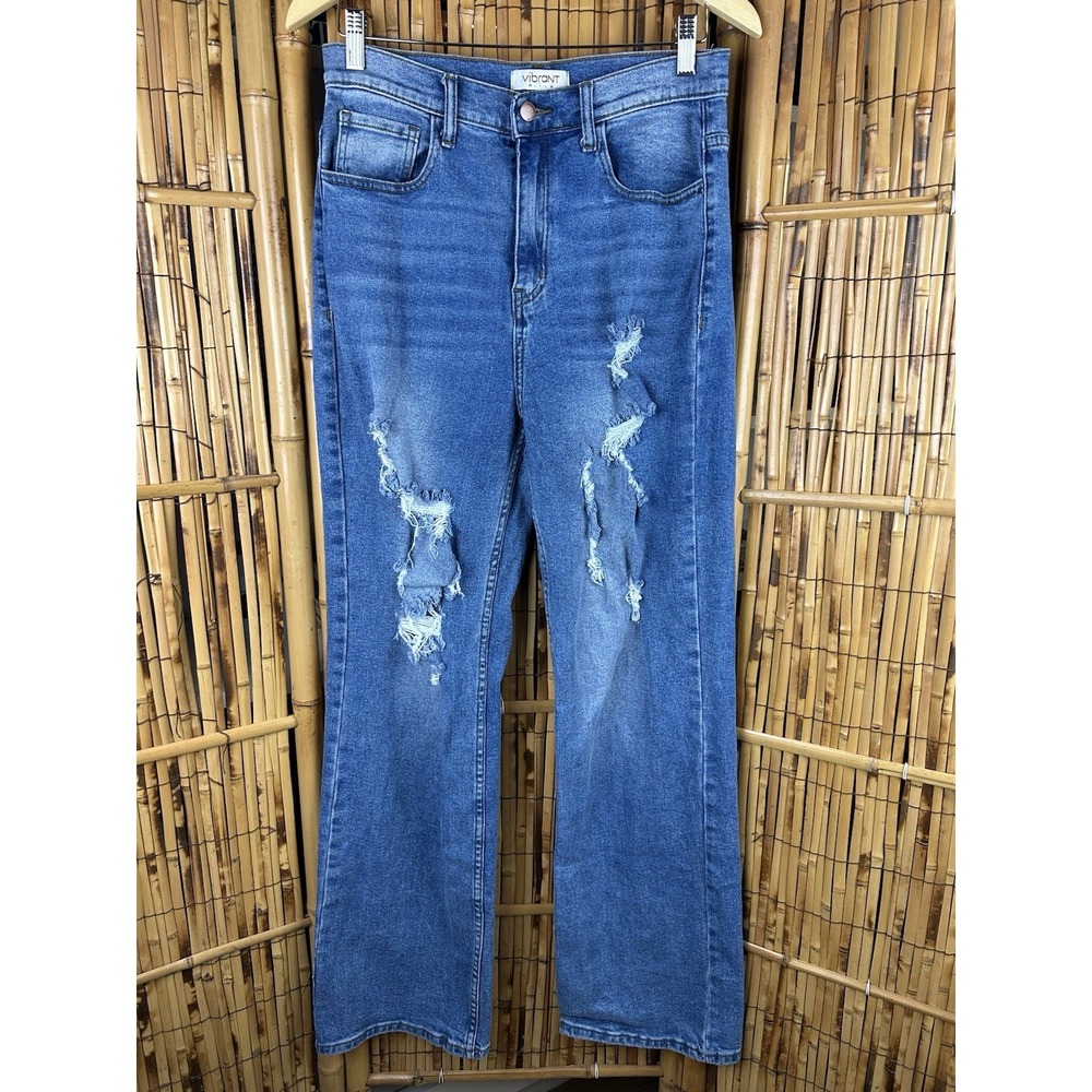 Vibrant MIU Jeans Women Size 11 Distressed High Waist Blue Straight Leg‎ 29x32